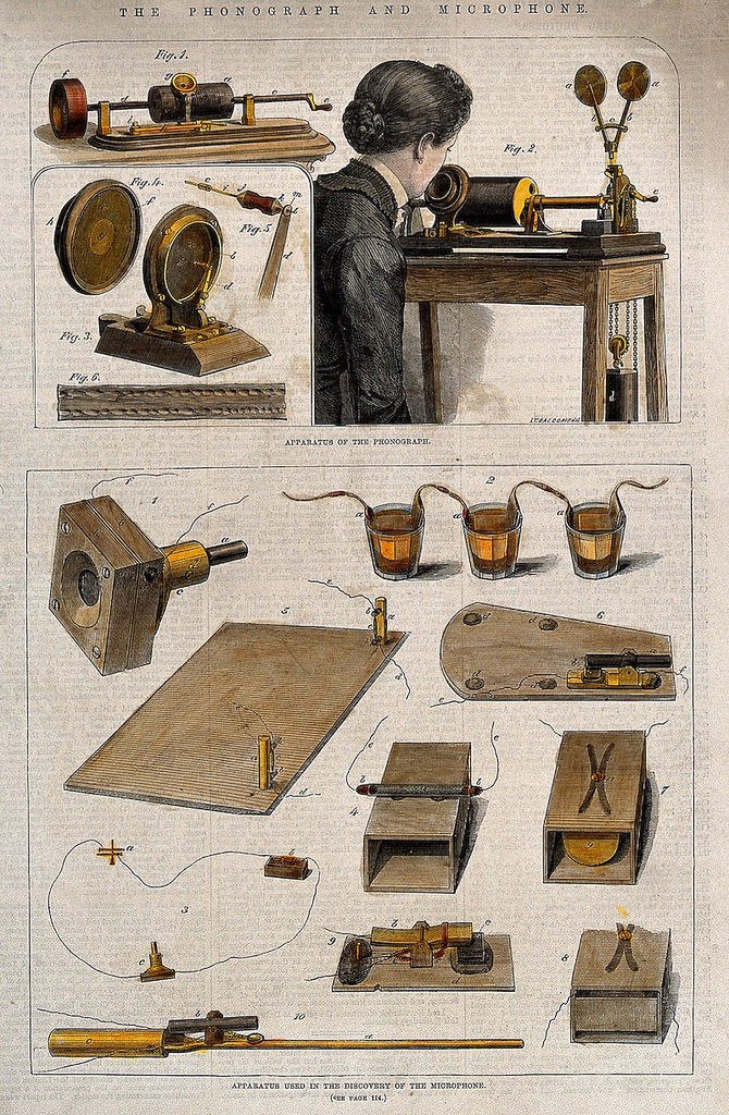 Coloured engraving after J.T. Balcomb depicting an Edison phonograph with a carbon microphone, 1878 — Source: Wellcome Library.
